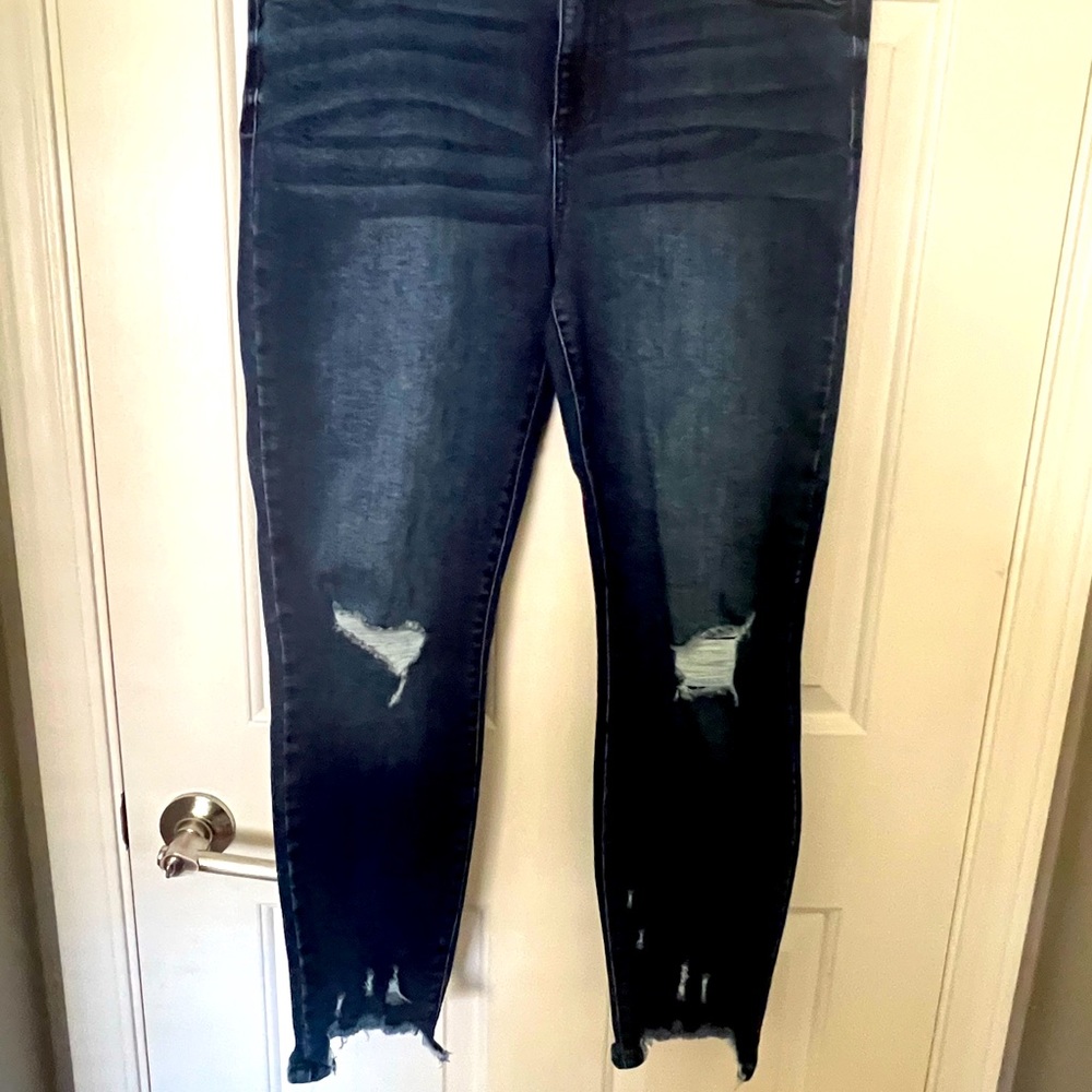 Fashion Nova size 13 medium stretch mid-rise dark denim jeans w/ distressed hems